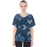 Blue Knitted Texture, Blue Christmas Background, Art V-Neck Dolman Drape Top