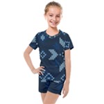 Blue Knitted Texture, Blue Christmas Background, Art Kids  Mesh T-Shirt and Shorts Set