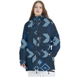 Blue Knitted Texture, Blue Christmas Background, Art Women s Multi Pockets Zip Ski and Snowboard Waterproof Breathable Jacket