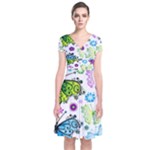 Butterflies, Abstract, Background, Colorful Short Sleeve Front Wrap Dress