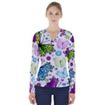 Butterflies, Abstract, Background, Colorful V-Neck Long Sleeve Top