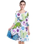 Butterflies, Abstract, Background, Colorful Quarter Sleeve Waist Band Dress