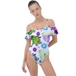 Butterflies, Abstract, Background, Colorful Frill Detail One Piece Swimsuit