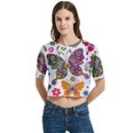 Butterflies, Abstract, Colorful, Floral, Flowers Women s Round Neck Short Sleeve Crop Top