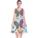 Butterflies, Abstract, Colorful, Floral, Flowers V-Neck Midi Sleeveless Dress 