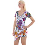 Butterflies, Abstract, Colorful, Floral, Flowers Short Sleeve Asymmetric Mini Dress