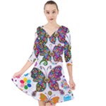 Butterflies, Abstract, Colorful, Floral, Flowers Quarter Sleeve Front Wrap Dress