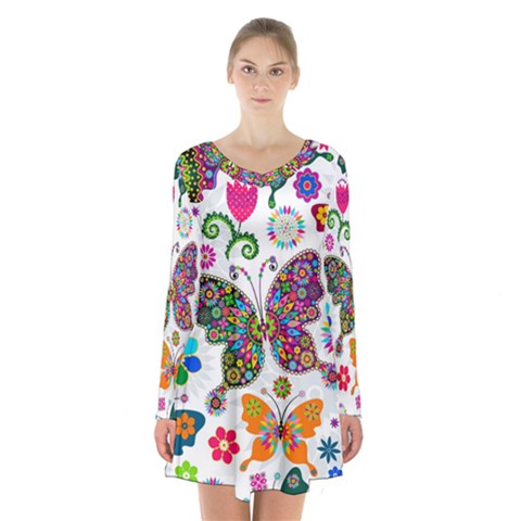 Butterflies, Abstract, Colorful, Floral, Flowers Long Sleeve Velvet V