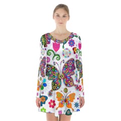 Butterflies, Abstract, Colorful, Floral, Flowers Long Sleeve Velvet V