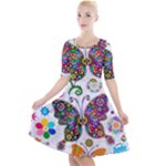 Butterflies, Abstract, Colorful, Floral, Flowers Quarter Sleeve A-Line Dress