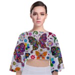 Butterflies, Abstract, Colorful, Floral, Flowers Tie Back Butterfly Sleeve Chiffon Top