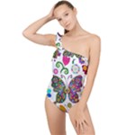 Butterflies, Abstract, Colorful, Floral, Flowers Frilly One Shoulder Swimsuit