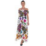 Butterflies, Abstract, Colorful, Floral, Flowers Off Shoulder Open Front Chiffon Dress