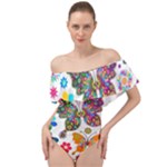 Butterflies, Abstract, Colorful, Floral, Flowers Off Shoulder Velour Bodysuit 