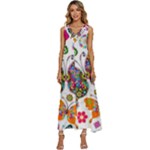 Butterflies, Abstract, Colorful, Floral, Flowers V-Neck Sleeveless Wide Leg Pants Overalls