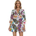 Butterflies, Abstract, Colorful, Floral, Flowers V-Neck Placket Mini Dress