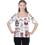 Christmas Characters Pattern, Xmas Backgrounds Cutout Shoulder T-Shirt