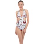 Christmas Characters Pattern, Xmas Backgrounds Halter Front Plunge Swimsuit