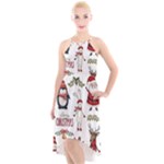 Christmas Characters Pattern, Xmas Backgrounds High-Low Halter Chiffon Dress 