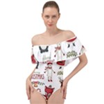 Christmas Characters Pattern, Xmas Backgrounds Off Shoulder Velour Bodysuit 