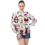 Christmas Characters Pattern, Xmas Backgrounds High Neck Long Sleeve Chiffon Top