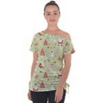 Christmas Pattern, Christmas Tree, Santa Off Shoulder Tie-Up T-Shirt