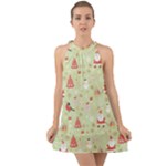 Christmas Pattern, Christmas Tree, Santa Halter Tie Back Chiffon Dress