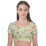 Christmas Pattern, Christmas Tree, Santa Velvet Short Sleeve Crop Top 