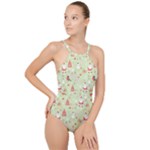 Christmas Pattern, Christmas Tree, Santa High Neck One Piece Swimsuit