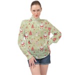 Christmas Pattern, Christmas Tree, Santa High Neck Long Sleeve Chiffon Top