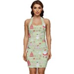 Christmas Pattern, Christmas Tree, Santa Sleeveless Wide Square Neckline Ruched Bodycon Dress