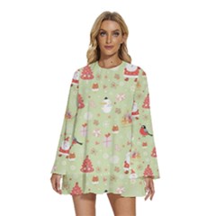 Round Neck Long Sleeve Bohemian Style Chiffon Mini Dress 