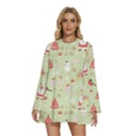 Christmas Pattern, Christmas Tree, Santa Round Neck Long Sleeve Bohemian Style Chiffon Mini Dress