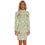 Christmas Pattern, Christmas Tree, Santa Long Sleeve Shirt Collar Bodycon Dress