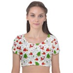 Christmas Pattern, Pattern, Christmas, Trees, Santa Velvet Short Sleeve Crop Top 