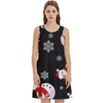 Christmas Texture, Retro Background With Snowmen Round Neck Sleeve Casual Dress With Pockets