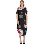 Christmas Texture, Retro Background With Snowmen Cold Shoulder Loose Fit Dress With Pockets