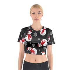 Christmas Texture, Retro Background With Snowmen Cotton Crop Top from ArtsNow.com