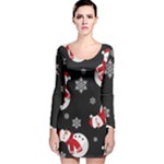 Christmas Texture, Retro Background With Snowmen Long Sleeve Velvet Bodycon Dress