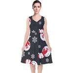 Christmas Texture, Retro Background With Snowmen V-Neck Midi Sleeveless Dress 