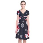 Christmas Texture, Retro Background With Snowmen Short Sleeve Front Wrap Dress