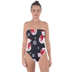 Christmas Texture, Retro Background With Snowmen Tie Back One Piece Swimsuit