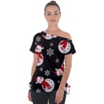 Christmas Texture, Retro Background With Snowmen Off Shoulder Tie-Up T-Shirt