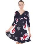 Christmas Texture, Retro Background With Snowmen Quarter Sleeve Front Wrap Dress