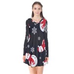 Christmas Texture, Retro Background With Snowmen Long Sleeve V-neck Flare Dress