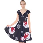 Christmas Texture, Retro Background With Snowmen Cap Sleeve Front Wrap Midi Dress