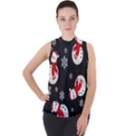 Christmas Texture, Retro Background With Snowmen Mock Neck Chiffon Sleeveless Top