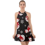 Christmas Texture, Retro Background With Snowmen Halter Tie Back Chiffon Dress