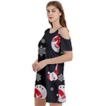 Christmas Texture, Retro Background With Snowmen Women s Cold Shoulder Round Neck Mini Dress