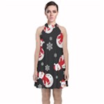 Christmas Texture, Retro Background With Snowmen Velvet Halter Neckline Dress 